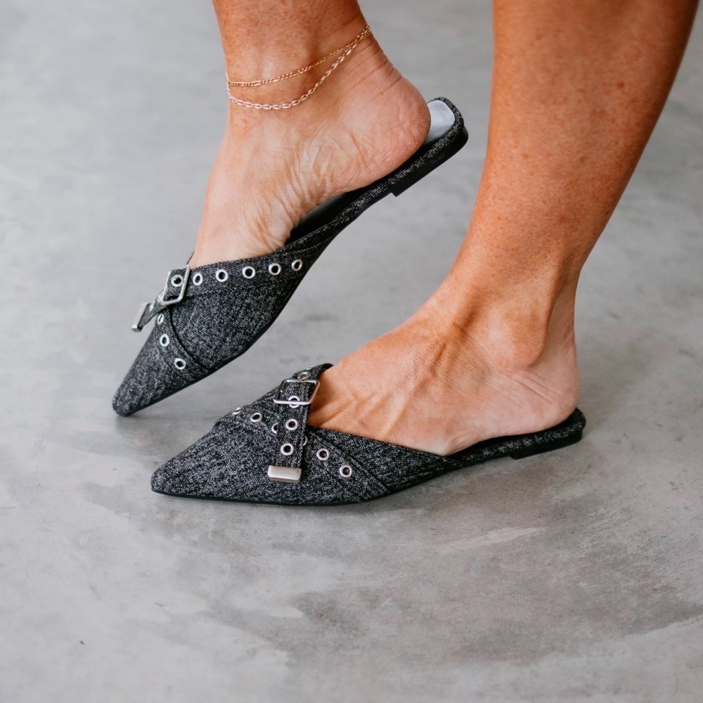 Bamboo Buckle Mule Size 6 Black Denim Slip On Flats Pointed Toe New With Box